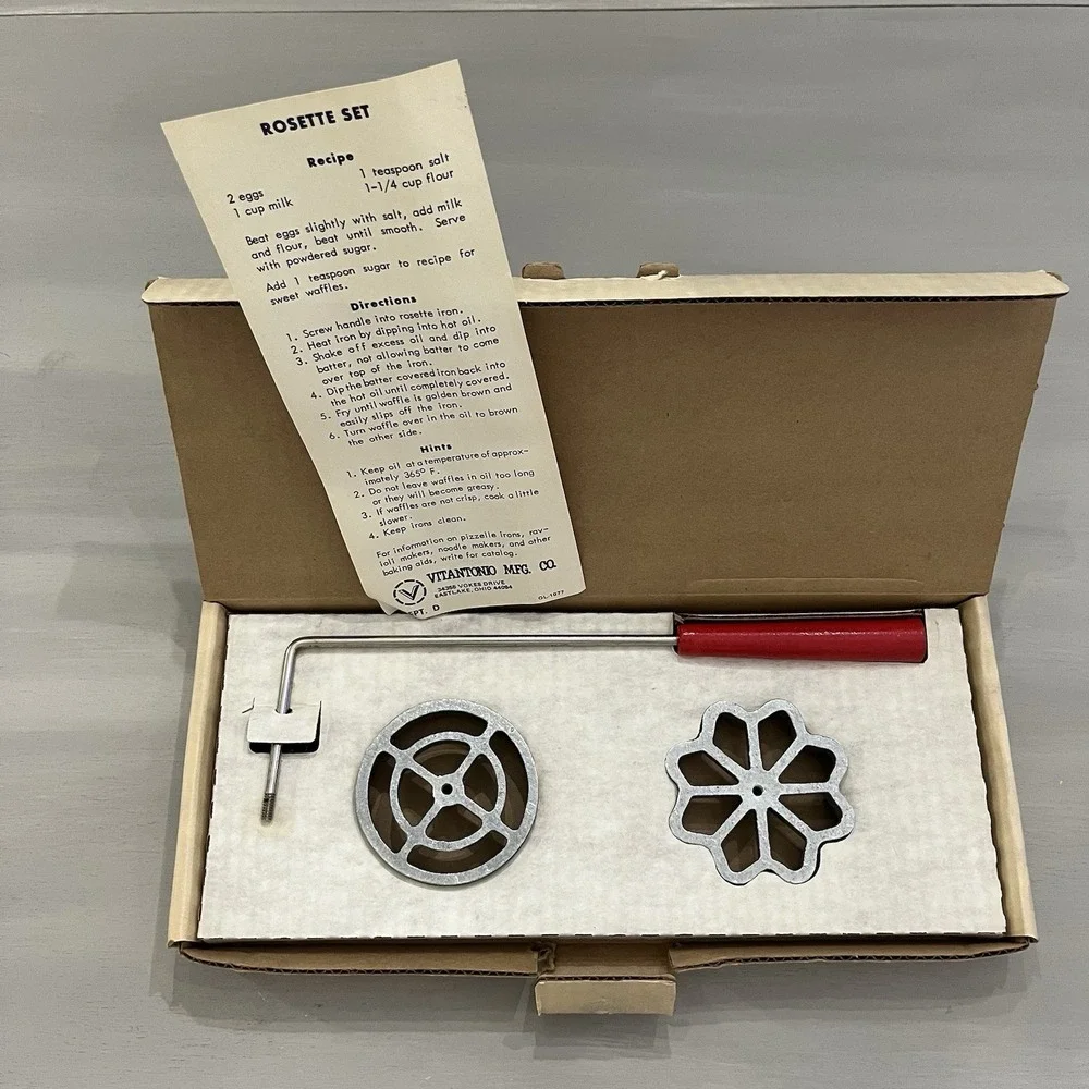 Vintage Vitantonio Iron Rosette Set Mold 2 Rosettes Shapes Recipe Card #189